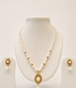 Pearl Necklace and Earring Set, White, Gold-Tone Oval Pendant, Freshwater Baroque Beads, Bridal Jewellery
