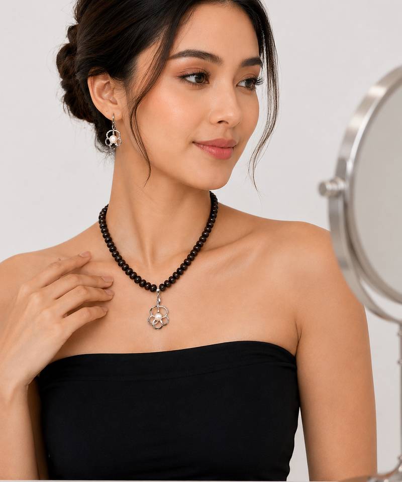 Dark Brown Freshwater Pearl Beaded Necklace and Earring Set with Silver Flower Pendant