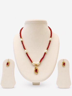 Red Crystal Beaded Necklace Set with Pearl Accents, Gold-Tone Ruby Pendant and Earrings 1