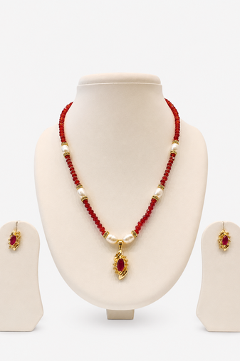 Red Crystal Beaded Necklace Set with Pearl Accents, Gold-Tone Ruby Pendant and Earrings