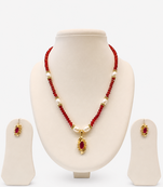 Red Crystal Beaded Necklace Set with Pearl Accents, Gold-Tone Ruby Pendant and Earrings