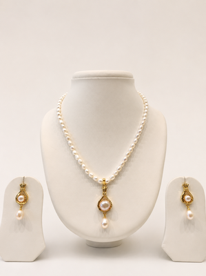 Pearl Necklace and Earring Set, White, Gold-Toned Pendant, Freshwater Pearl, Bridal Jewellery 1