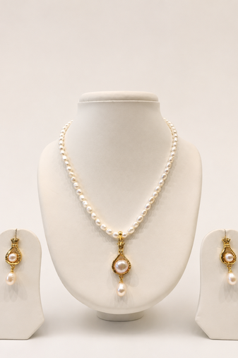 Pearl Necklace and Earring Set, White, Gold-Toned Pendant, Freshwater Pearl, Bridal Jewellery