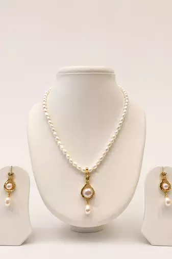 Pearl Necklace and Earring Set, White, Gold-Toned Pendant, Freshwater Pearl, Bridal Jewellery