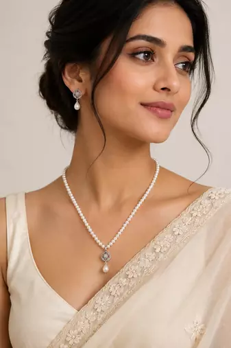 Pearl Necklace Set with CZ Pendant and Matching Drop Earrings, White, Silver-Tone, Bridal Jewellery