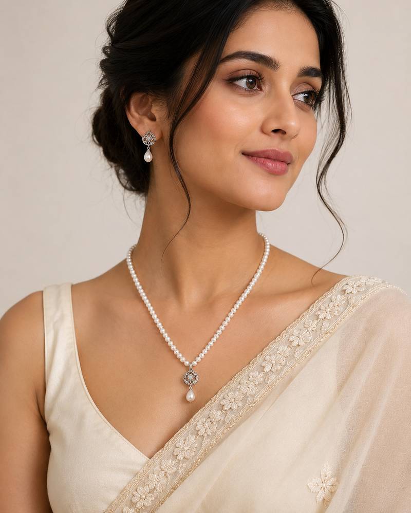 Pearl Necklace Set with CZ Pendant and Matching Drop Earrings, White, Silver-Tone, Bridal Jewellery