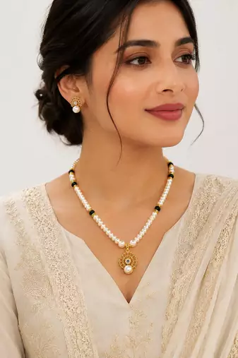 Pearl Beaded Necklace Set with Gold-Tone Pendant, Black Beads, Earrings Included, Traditional Indian Style