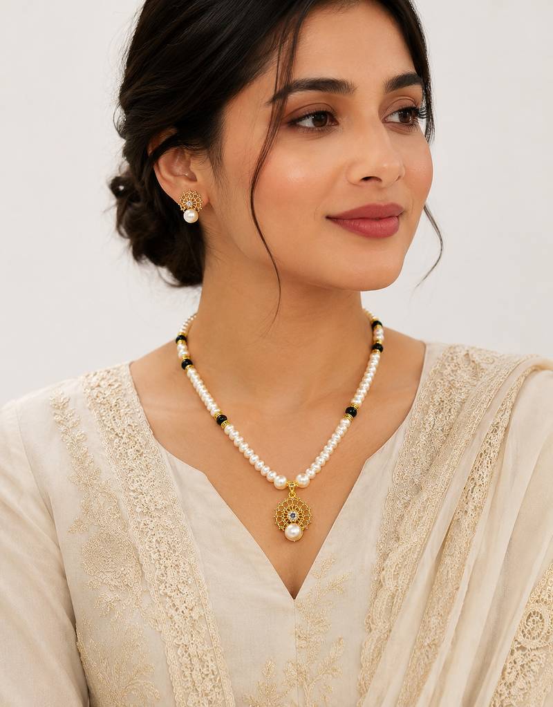 Pearl Beaded Necklace Set with Gold-Tone Pendant, Black Beads, Earrings Included, Traditional Indian Style