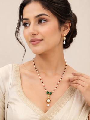 Pearl Necklace Set with Ruby Red and Emerald Green Beads, Gold-Toned Pendant, Earrings Included 3