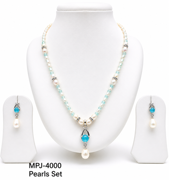 Pearl Necklace Set with Blue Stone Pendant and Drop Earrings, White, Silver-Tone 3