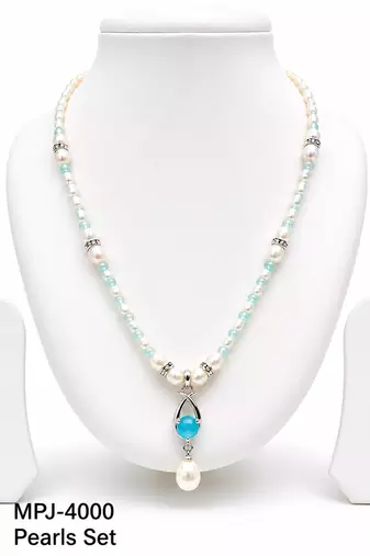 Pearl Necklace Set with Blue Stone Pendant and Drop Earrings, White, Silver-Tone