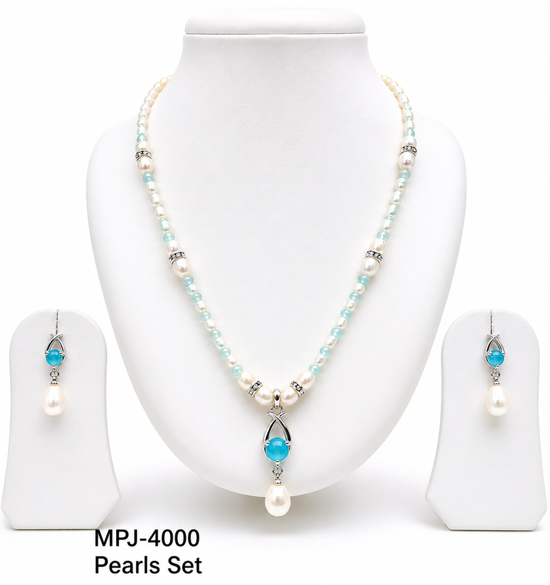 Pearl Necklace Set with Blue Stone Pendant and Drop Earrings, White, Silver-Tone