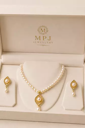 Pearl Necklace and Earring Set, White, Gold-Tone Pendant, Bridal Jewellery Set