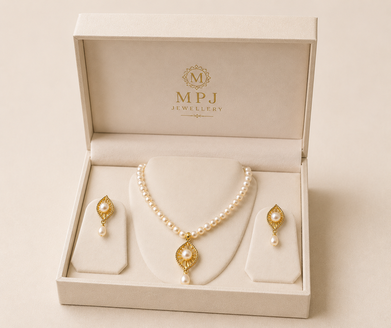 Pearl Necklace and Earring Set, White, Gold-Tone Pendant, Bridal Jewellery Set