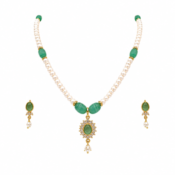 Pearl and Green Stone Necklace Set with Earrings, Gold-Tone Pendant, White and Green 3