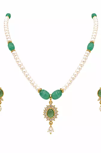 Pearl and Green Stone Necklace Set with Earrings, Gold-Tone Pendant, White and Green