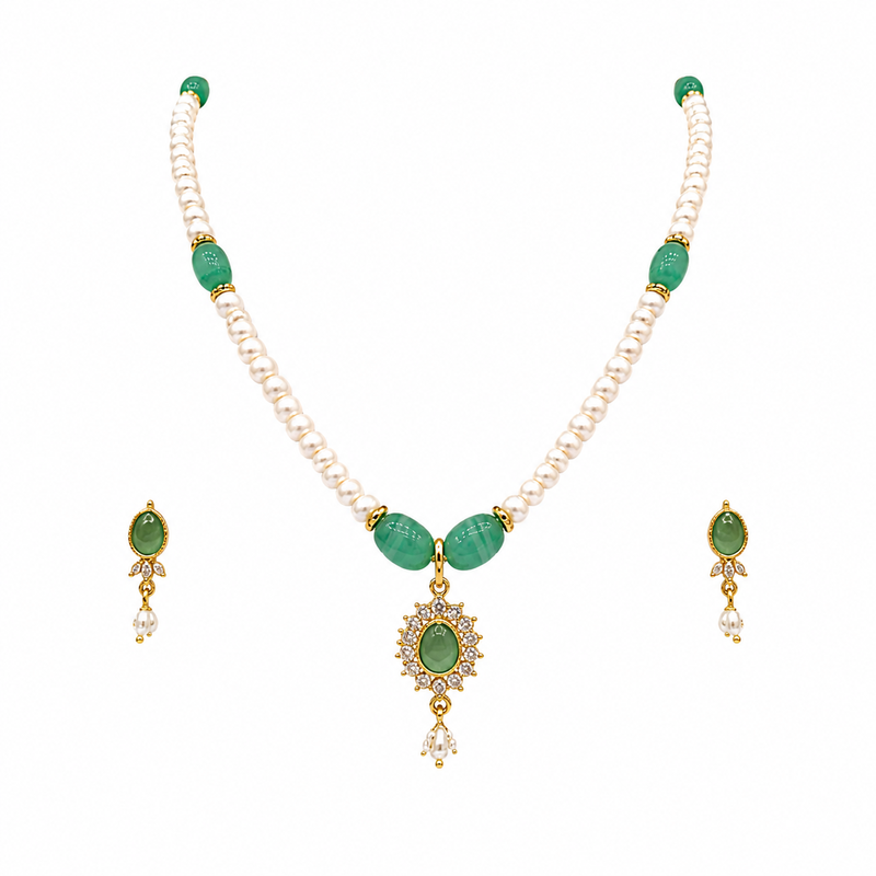 Pearl and Green Stone Necklace Set with Earrings, Gold-Tone Pendant, White and Green