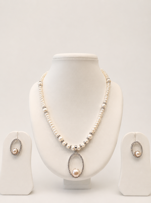 Pearl Beaded Necklace and Earring Set, White, Crystal Oval Pendant, Rhinestone Accents, Bridal Jewellery 1
