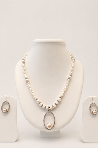 Pearl Beaded Necklace and Earring Set, White, Crystal Oval Pendant, Rhinestone Accents, Bridal Jewellery