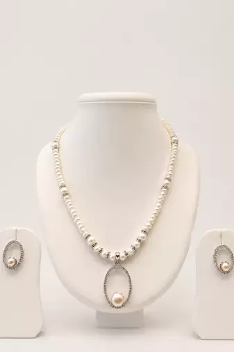 Pearl Beaded Necklace and Earring Set, White, Crystal Oval Pendant, Rhinestone Accents, Bridal Jewellery
