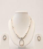 Pearl Beaded Necklace and Earring Set, White, Crystal Oval Pendant, Rhinestone Accents, Bridal Jewellery