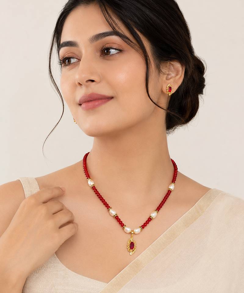Red Crystal Beaded Necklace Set with Pearl Accents, Gold-Tone Ruby Pendant and Earrings