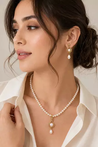 Pearl Necklace and Earring Set, White, Gold-Toned Pendant, Freshwater Pearl, Bridal Jewellery