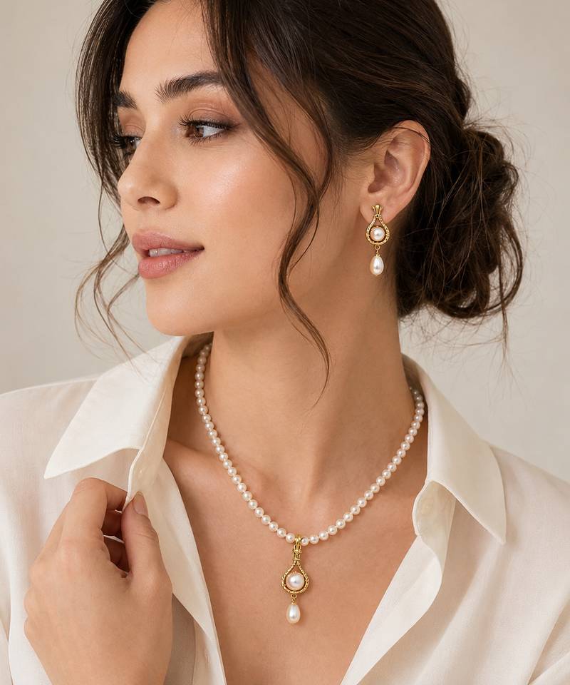 Pearl Necklace and Earring Set, White, Gold-Toned Pendant, Freshwater Pearl, Bridal Jewellery