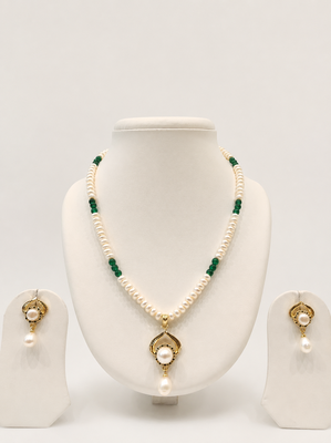 Pearl Necklace Set with Green Beads, Gold-Tone Pendant, Drop Earrings, White, Ethnic Style 1