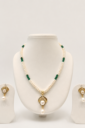 Pearl Necklace Set with Green Beads, Gold-Tone Pendant, Drop Earrings, White, Ethnic Style