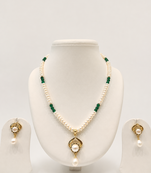 Pearl Necklace Set with Green Beads, Gold-Tone Pendant, Drop Earrings, White, Ethnic Style
