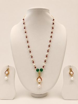 Pearl Necklace Set with Ruby Red and Emerald Green Beads, Gold-Toned Pendant, Earrings Included 1