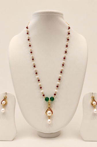 Pearl Necklace Set with Ruby Red and Emerald Green Beads, Gold-Toned Pendant, Earrings Included
