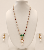 Pearl Necklace Set with Ruby Red and Emerald Green Beads, Gold-Toned Pendant, Earrings Included