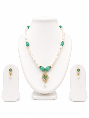 Pearl and Green Stone Necklace Set with Earrings, Gold-Tone Pendant, White and Green 1