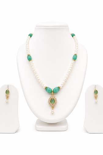 Pearl and Green Stone Necklace Set with Earrings, Gold-Tone Pendant, White and Green