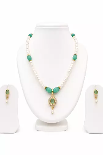 Pearl and Green Stone Necklace Set with Earrings, Gold-Tone Pendant, White and Green