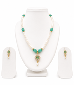 Pearl and Green Stone Necklace Set with Earrings, Gold-Tone Pendant, White and Green