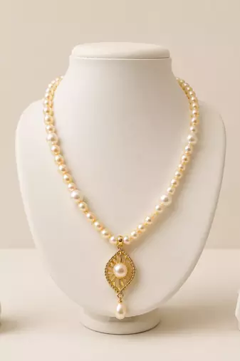 Pearl Necklace and Earring Set, White, Gold-Tone Pendant, Bridal Jewellery Set