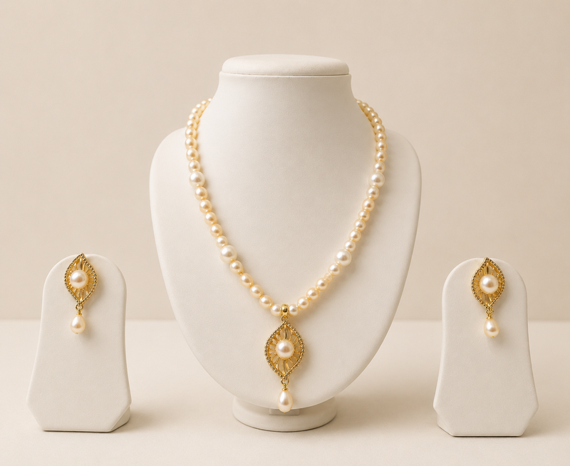 Pearl Necklace and Earring Set, White, Gold-Tone Pendant, Bridal Jewellery Set