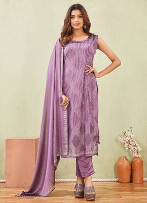 Purple siroski work rangoli straight cut dress material unstitched 6