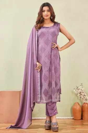 Purple siroski work rangoli straight cut dress material unstitched