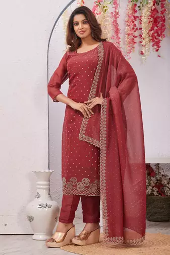 Maroon siroski work crunchy straight cut dress material unstitched