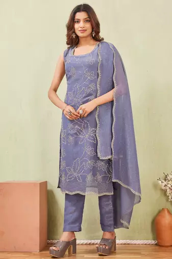 Grey siroski work crunchy straight cut dress material unstitched