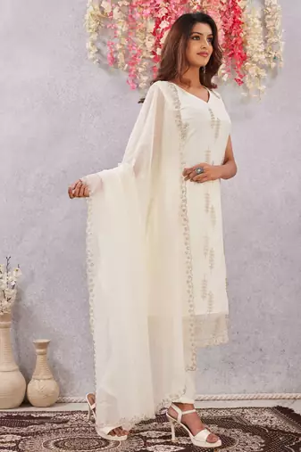 Off white siroski work crunchy straight cut dress material unstitched
