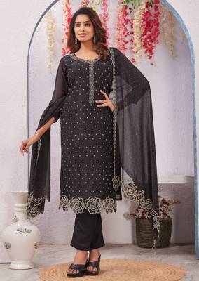 Black siroski work crunchy straight cut dress material unstitched 6