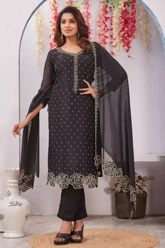 Black siroski work crunchy straight cut dress material unstitched