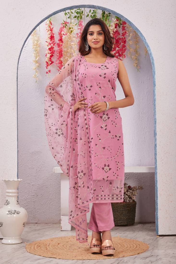 Onion siroski work rangoli straight cut dress material unstitched