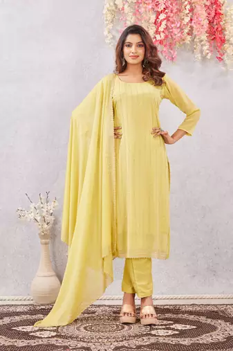 Yellow siroski work  star georgette straight cut dress material unstitched