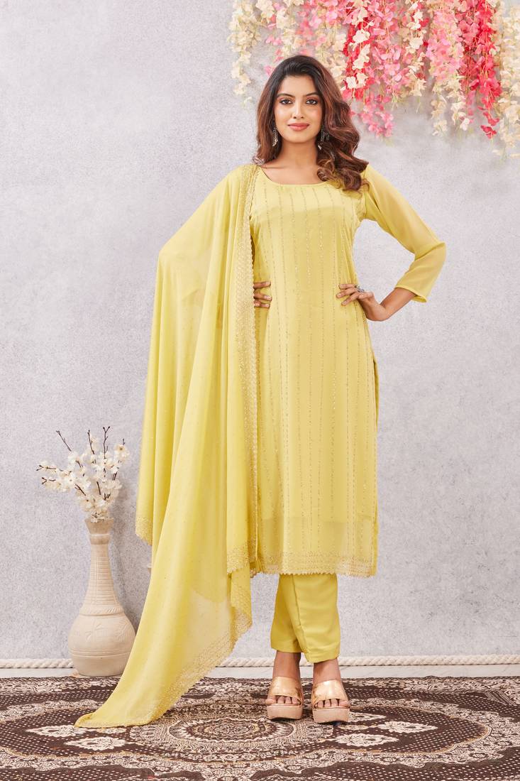 Yellow siroski work  star georgette straight cut dress material unstitched